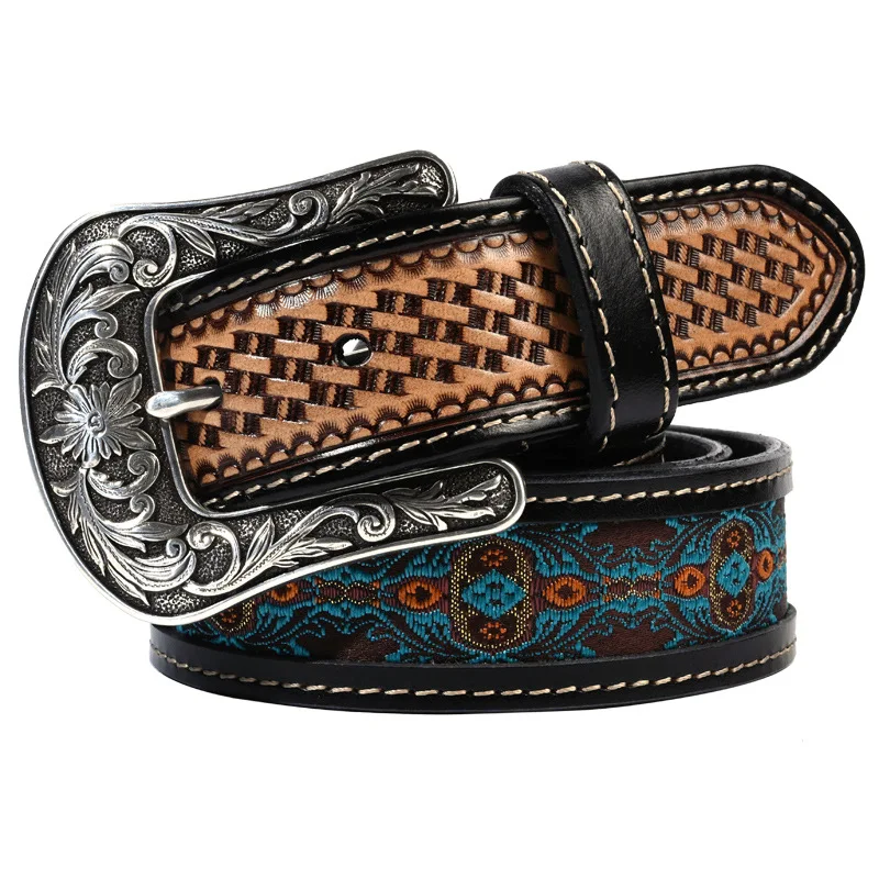 Top Grain Genuine Leather Retro Carved Denim Men Women Belt National Trend Literary and Artistic Fabric Woven Cowhide Belt