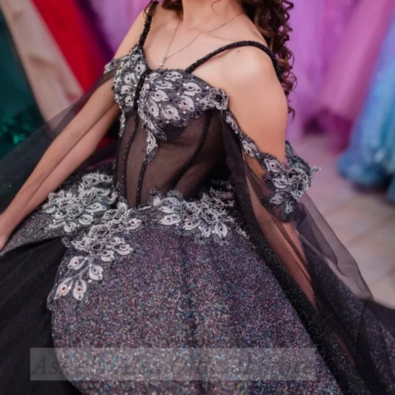 Vestido De quinceañera negro personalizado con hombros descubiertos, corsé, desfile, encaje De flores, dulce 16 15, ropa para fiesta De graduación, Vestidos De XV Anos