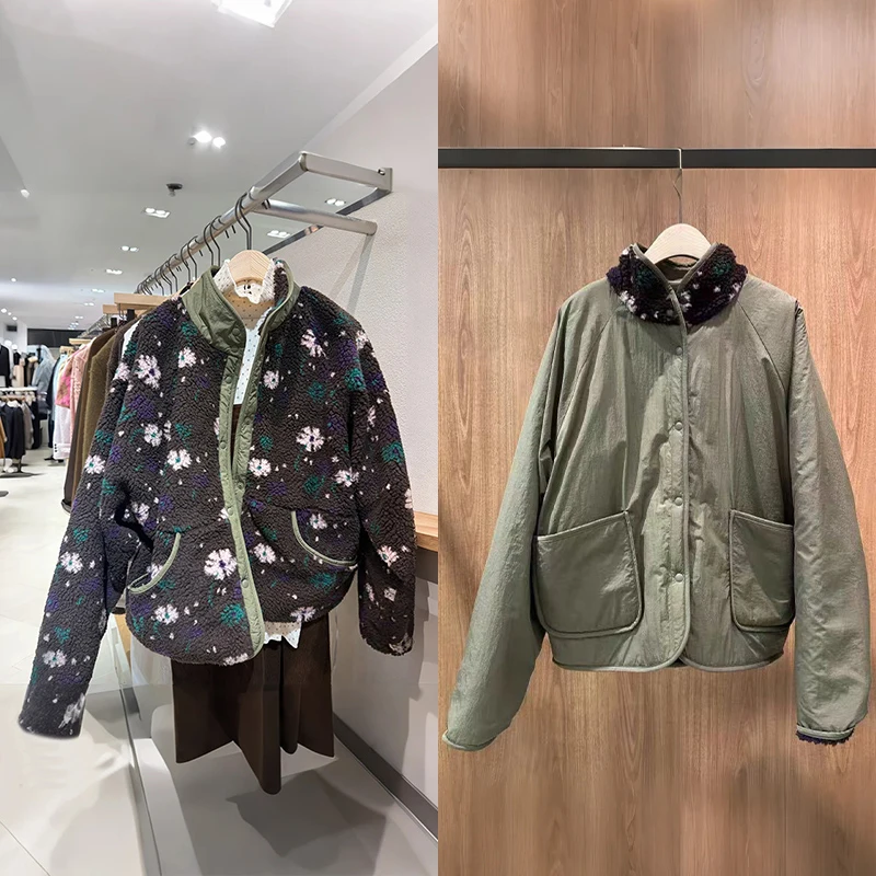 

Casual Sle Double-Sided Wear Lamb Velvet Coat Women's Loose Fit Stand Collar Warm Outerwear Floral Print Autumn Winter New ...