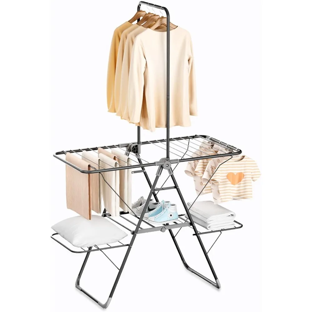 

67.13Inch High Hanger Laundry Drying Rack W 4 Height-Adjustable Wings,Lightweight and Space Saving Clothes Airer for Apartments