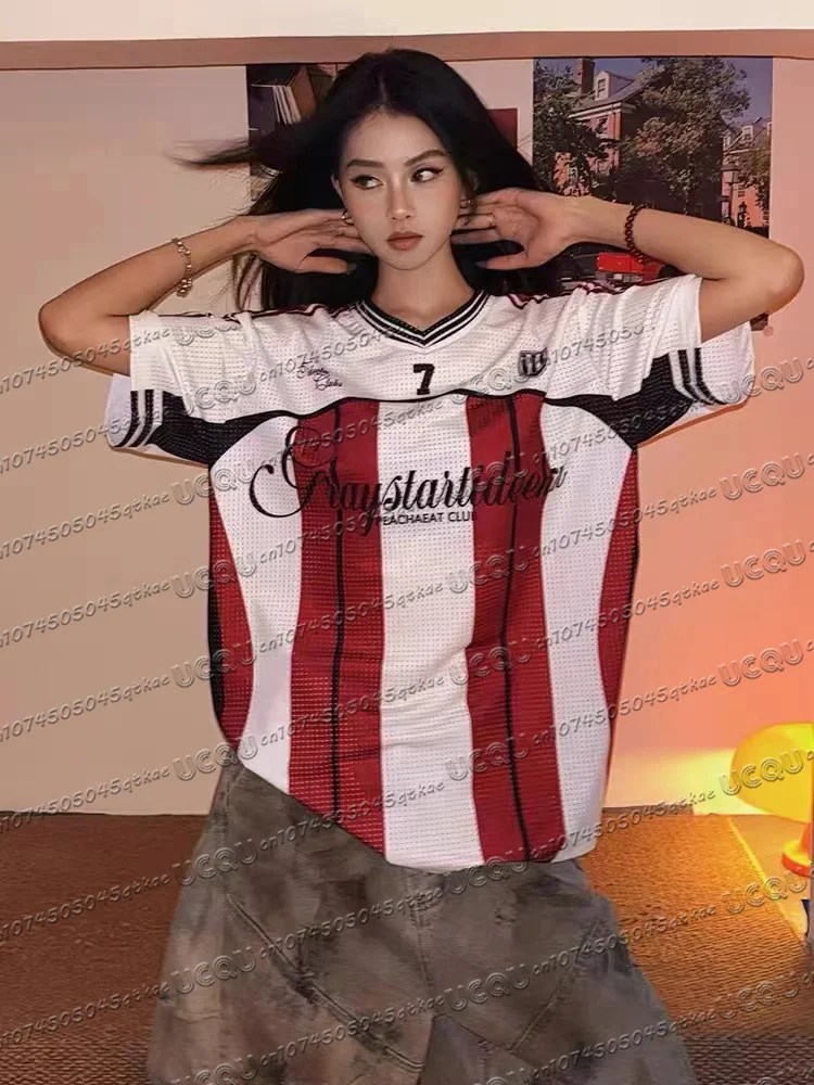 2025 New Hot Selling Korean Style Retro Contrasting V-Neck Mesh Sports Jersey Tshirt Trendy Hip-Hop Streetwear Summer Womens Top