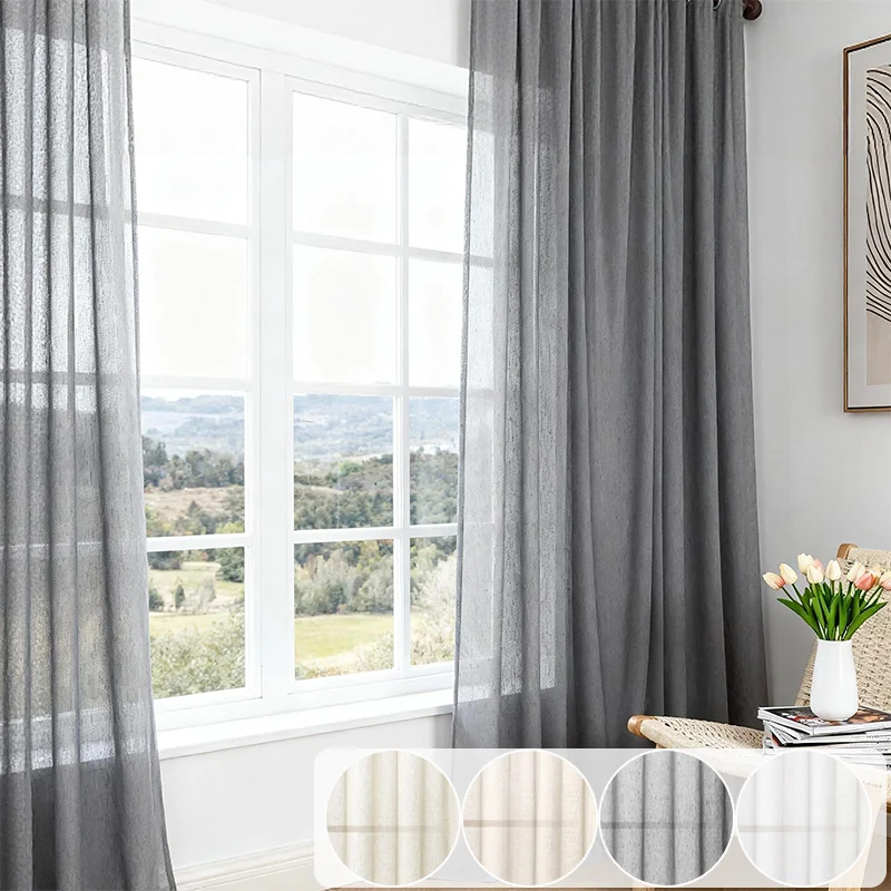 1PC Modern Minimalist Solid Color Grommet Top Linen Look Sheer Curtain to Living Room Bedroom Decor Light Filtering Easy Install
