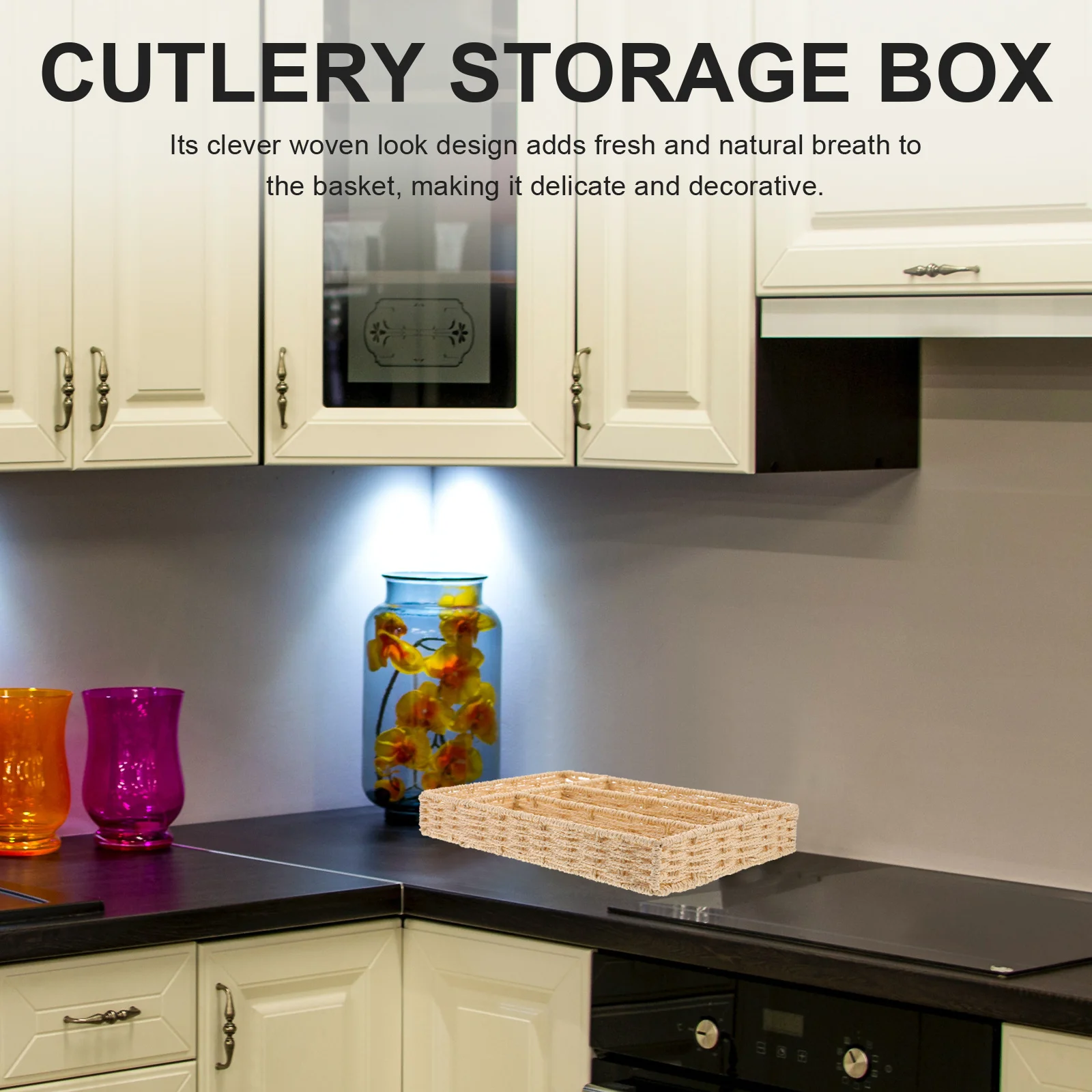 

Woven Cutlery Basket Kitchen Utensil Organizer Bamboo Storage Tray Small Silverware Holder Narrow Drawer Organiser