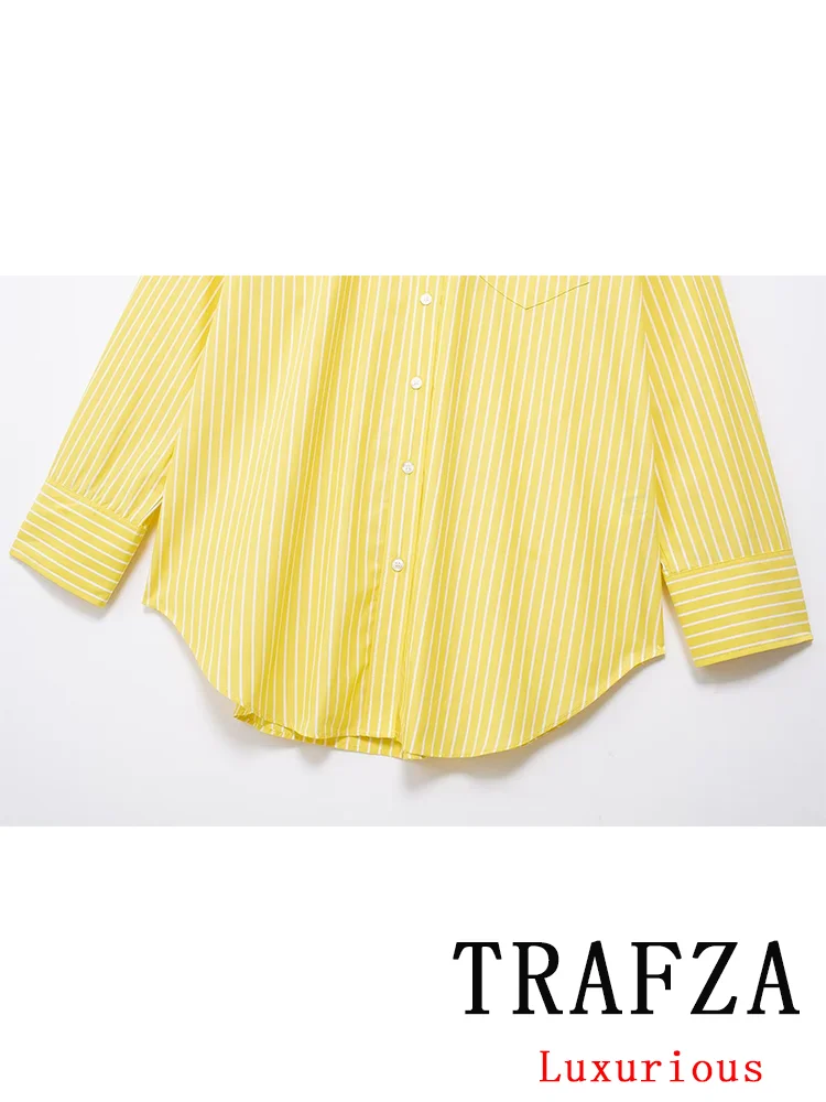 TRAFZA Vintage Casual Chic Women Suit Striped Single Breasted Long Sleeve Shirt Loose Long Pants Fashion 2024 Summer Sets