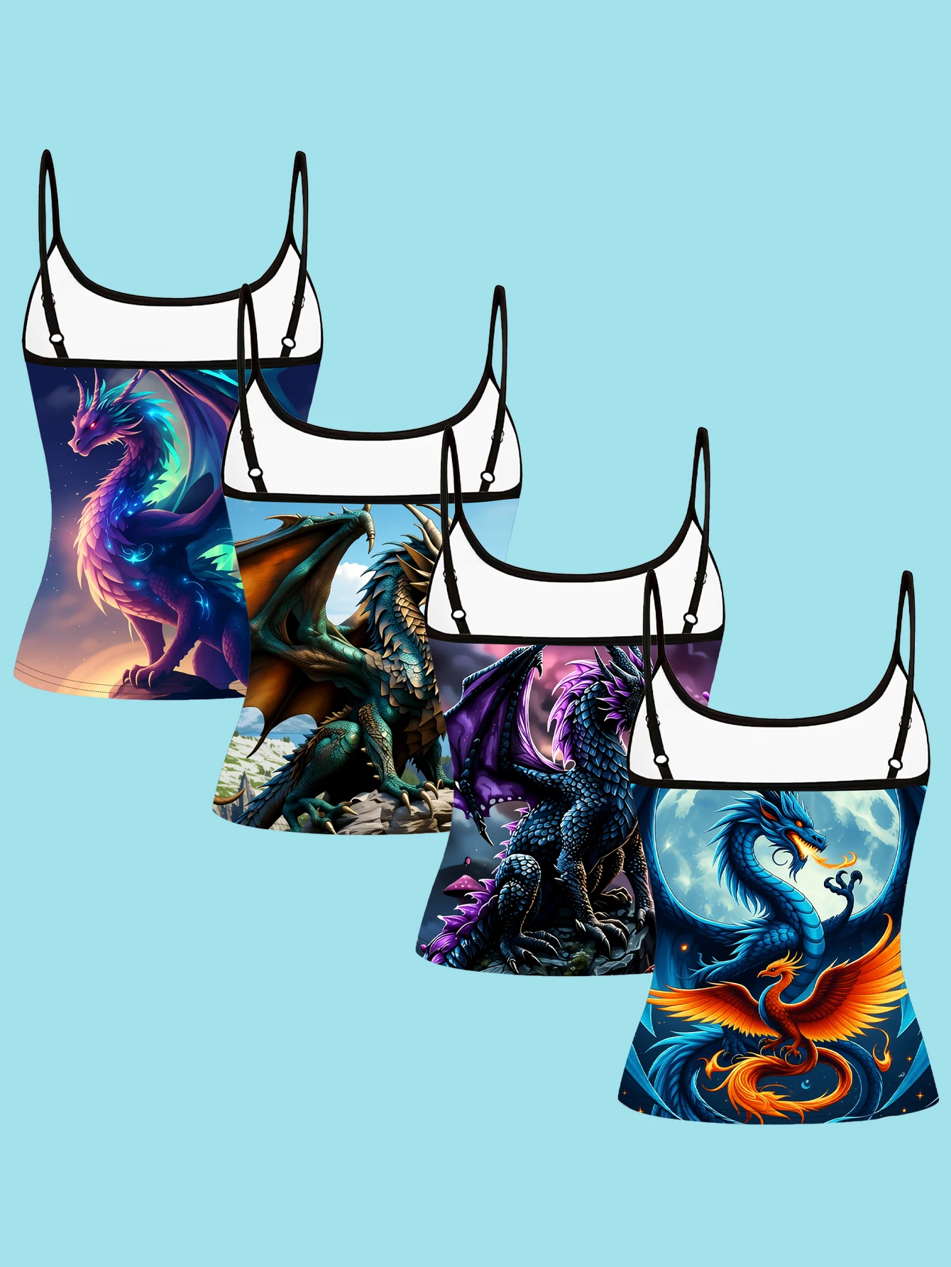 4-Piece Set of Fantasy Dragon Print Camisoles, Magical Flying Dragon, Divine Dragon, Phoenix Spaghetti Strap Sleeveless Tops, Dark Fantasy Style Slim Fit Inner and Outer Wear Vest Set