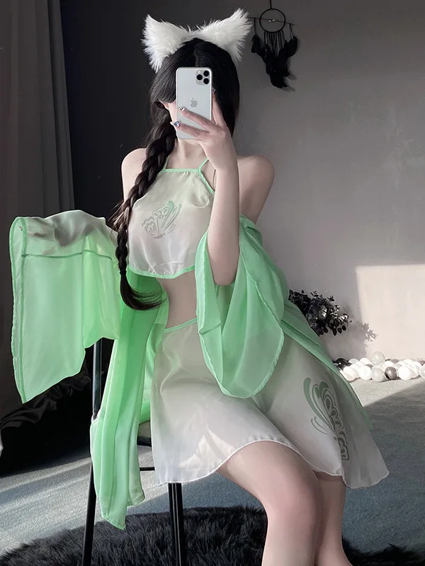 

Sexy Cosplay Perspective Thin Gauze Hanfu Ancient Style Belly Bag Cute Outfits For Women Tie Dye Comfort Two Piece Skirt Set BIF