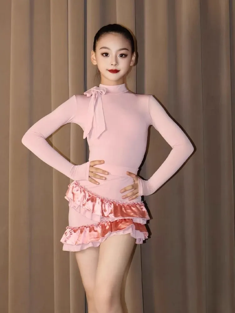 뉴 키즈 슬리밍 하이넥 탑 스커트 라틴 댄스 드레스 공연 의상 스플릿 슈트 차차 댄스 연습복 DQL11955