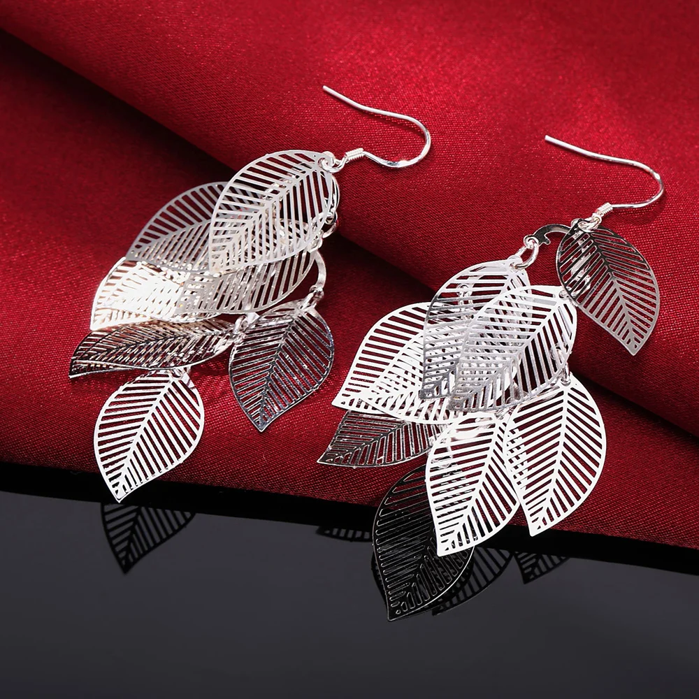 925 Sterling Silver Earrings fashion Jewelry Woman Layered Hollow Leaves Tassel Long Drop earrings Trendsetter Christmas Gifts