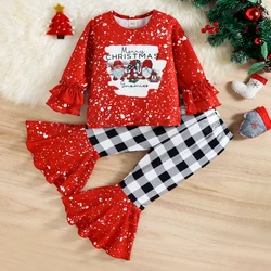 2PCS Spring And Autumn 1-5 Years Old Middle And Young Girls Fashion Snowman Print + Plaid Bell-Bottom Pants Set