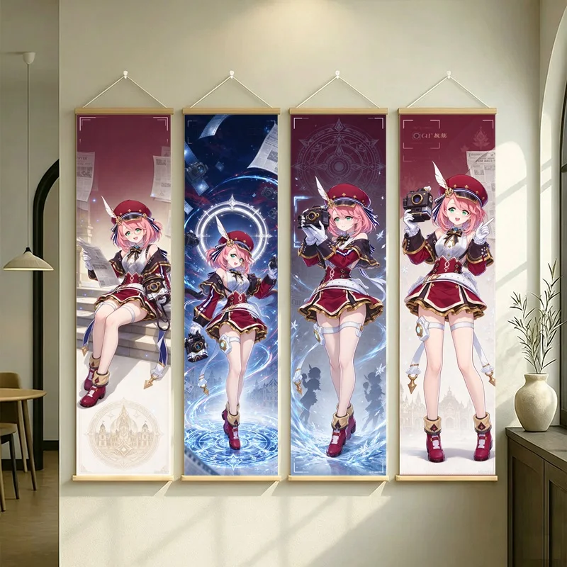 Hanging Scroll Wall Art of Genshin Impact Charlotte in a Red and White Outfit on Silver Shimmer Canvas for an Anime Bedroom