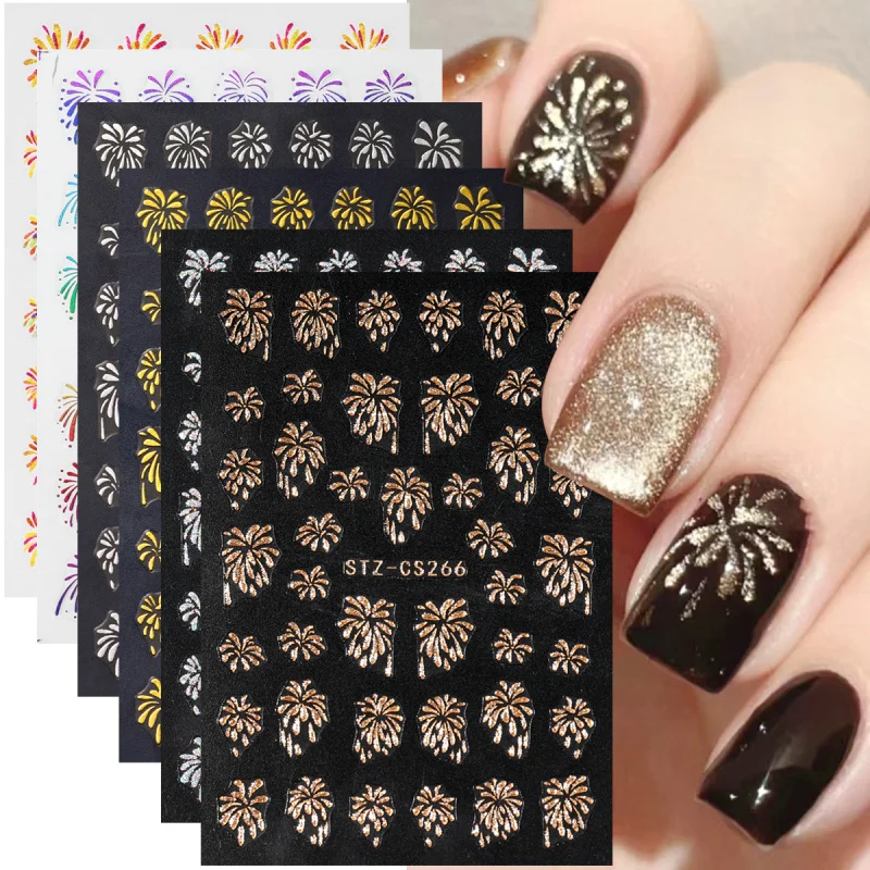 2pcs 3D Glitter Firework Nail Stickers Self Adhesive Sparkling Blooming Firework Design Nail Art Decals New Year Manicure Decor