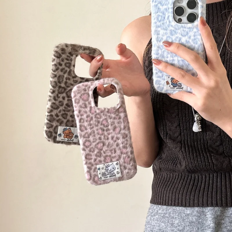 

Luxury leopard print Cute Hello Kitty Bear wool Sheep Fluffy Fur Case For iPhone 13 14 15 16 Pro Max fluffy Hand Warmer Plush