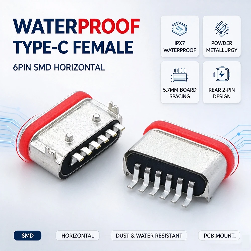 10PCS TYPE-C 3.1 6Pin USB Female Socket Connector SMT Waterproof Interface SMD DIP IPX7