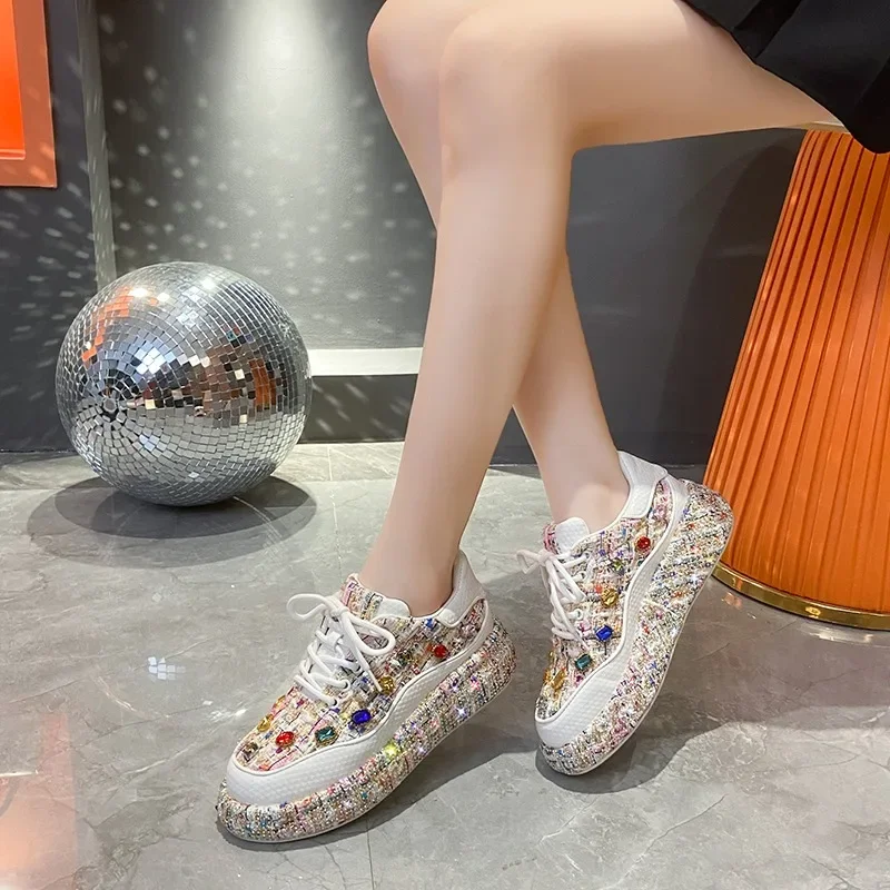 Designer Sneakers for Women 2023 New Spring Shiny Rhinestones Women\'s Vulcanize Shoes Fashion Autmn Platform Casual Shoes Female