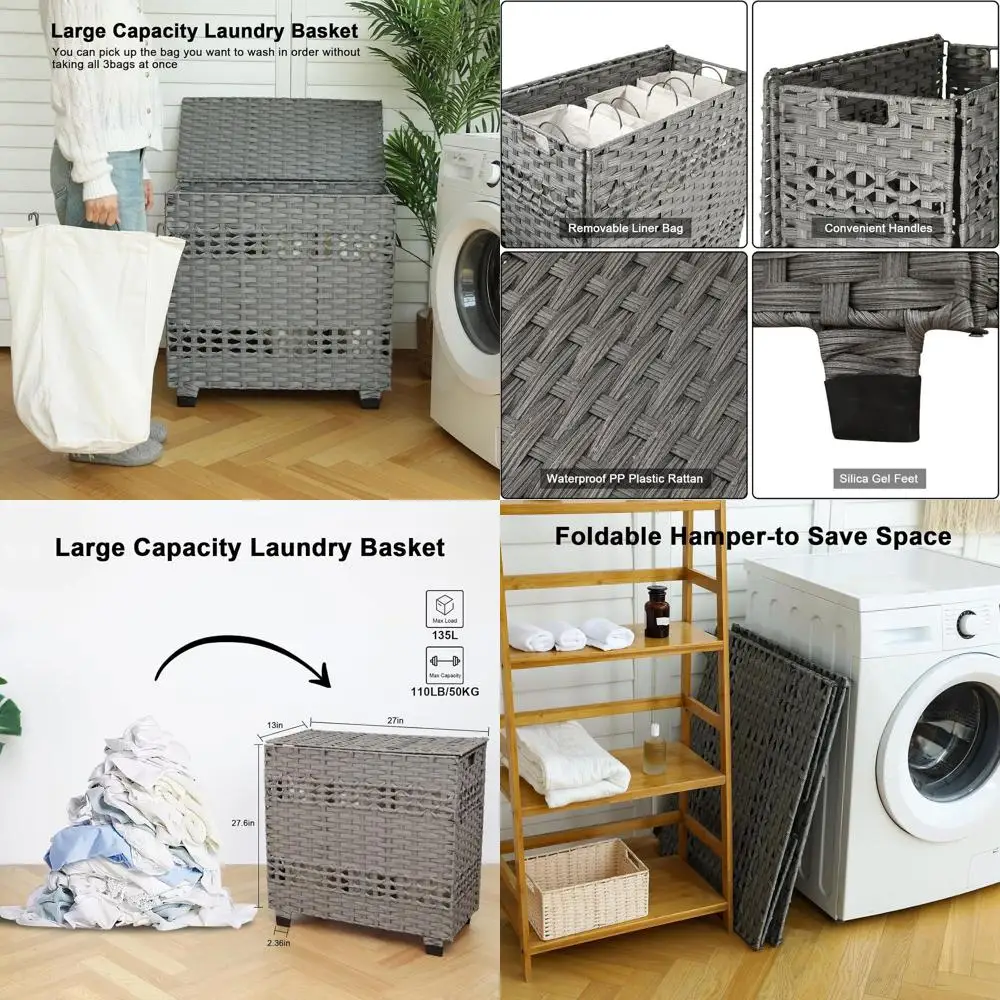 

Серая складная корзина для белья объемом 140 л с крышкой и 3 съемными вкладышами, корзина из синтетического плетения для спальни, 27x13x26 дюймов
