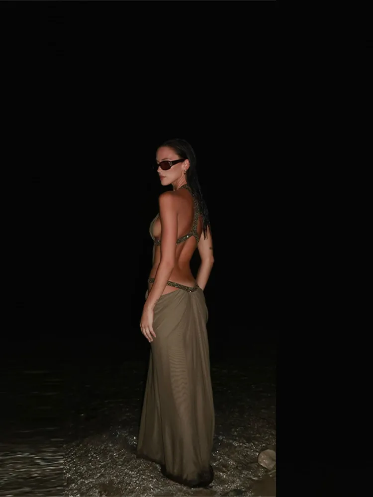 セクシーなパッチワークスパンコールマキシホルタードレス、深いVネック、バックレスロングローブ、ホローアウトパーティードレス、2025年新作レディースドレス