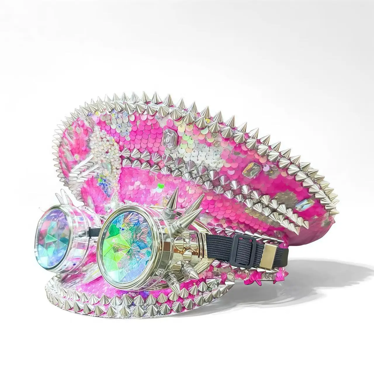 Steampunk Captain Hat Rhinestone with Goggles for Burning Man Festival Woman, Military Accessories & Cap for Man