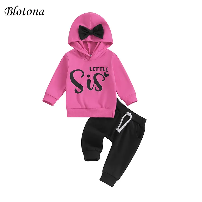 

Blotona Baby Girl Fall Outfits Letter Print Bowknot Hooded Sweatshirt Hoodies Elastic Waist Long Pants 2Pcs Set 3-24Months