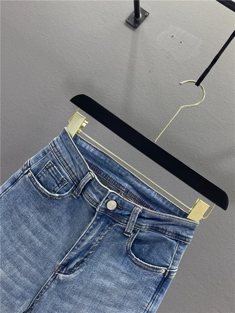 Blue High Waist Stretchy Slim Fit Jeans Women's Spring Summer Casual High Elasticity Nine Points Tight Pencil Pants