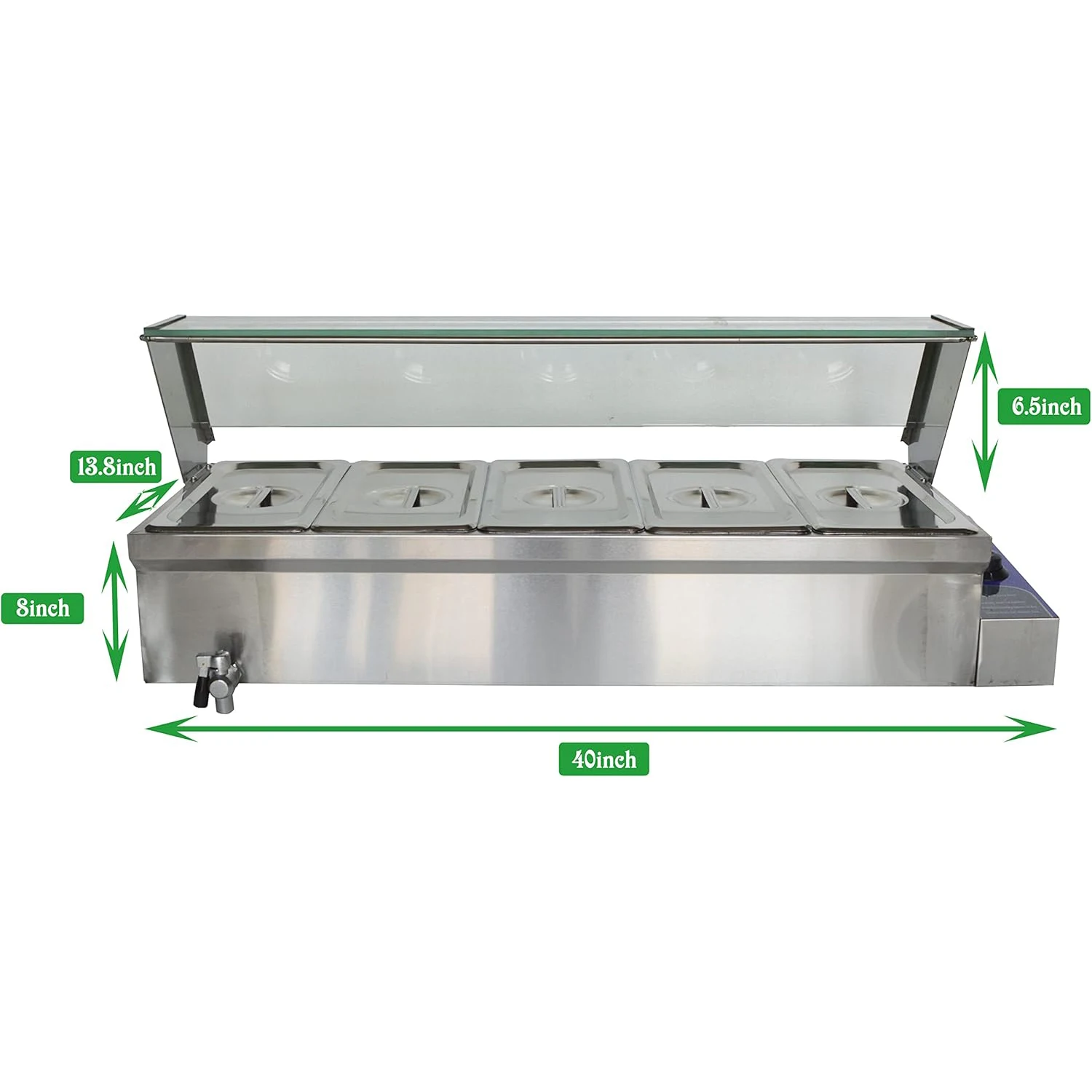 Food Soup Warmer Stove Bain Marie Commercial Canteen Buffet Steam Heater 12x5.5x6inch Pan with Glass Shield 5 Pan