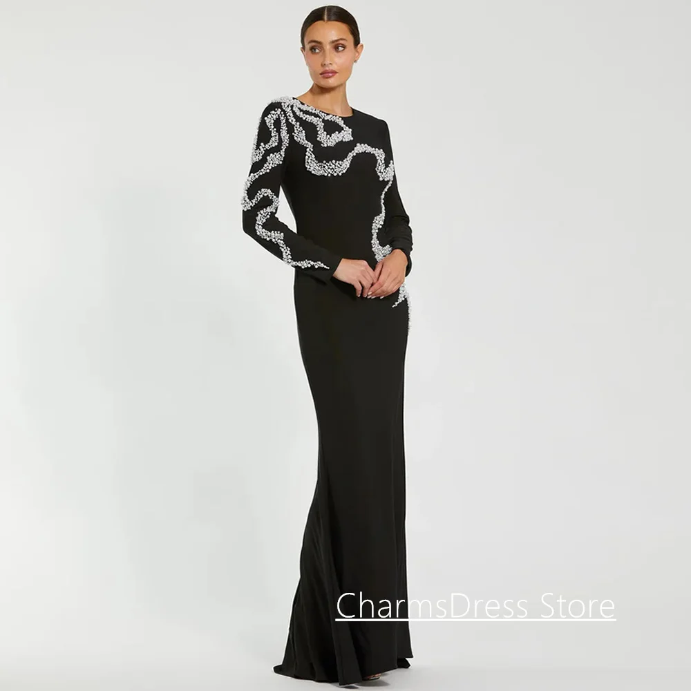 Modest Full Sleeves O Neck Evening Dress Customized Pearls Beading Saudi Arabia Prom Gown Formal Occasion Party Dresses