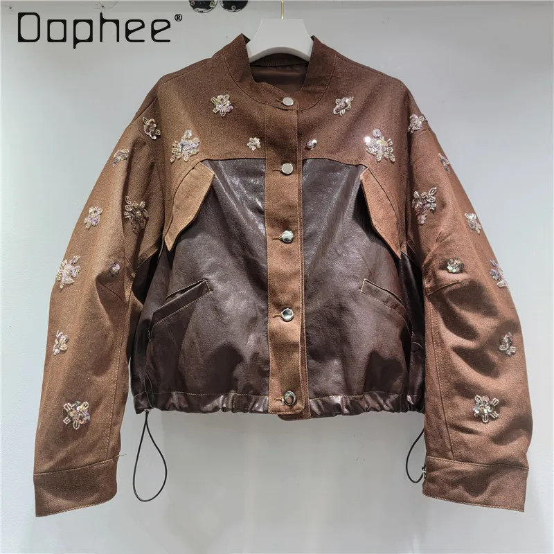 

2025 Autumn New Heavy PU Leather Jackets for Women Short Round Neck Color Block Sequins Beading Floral Embroidery Denim Jacket