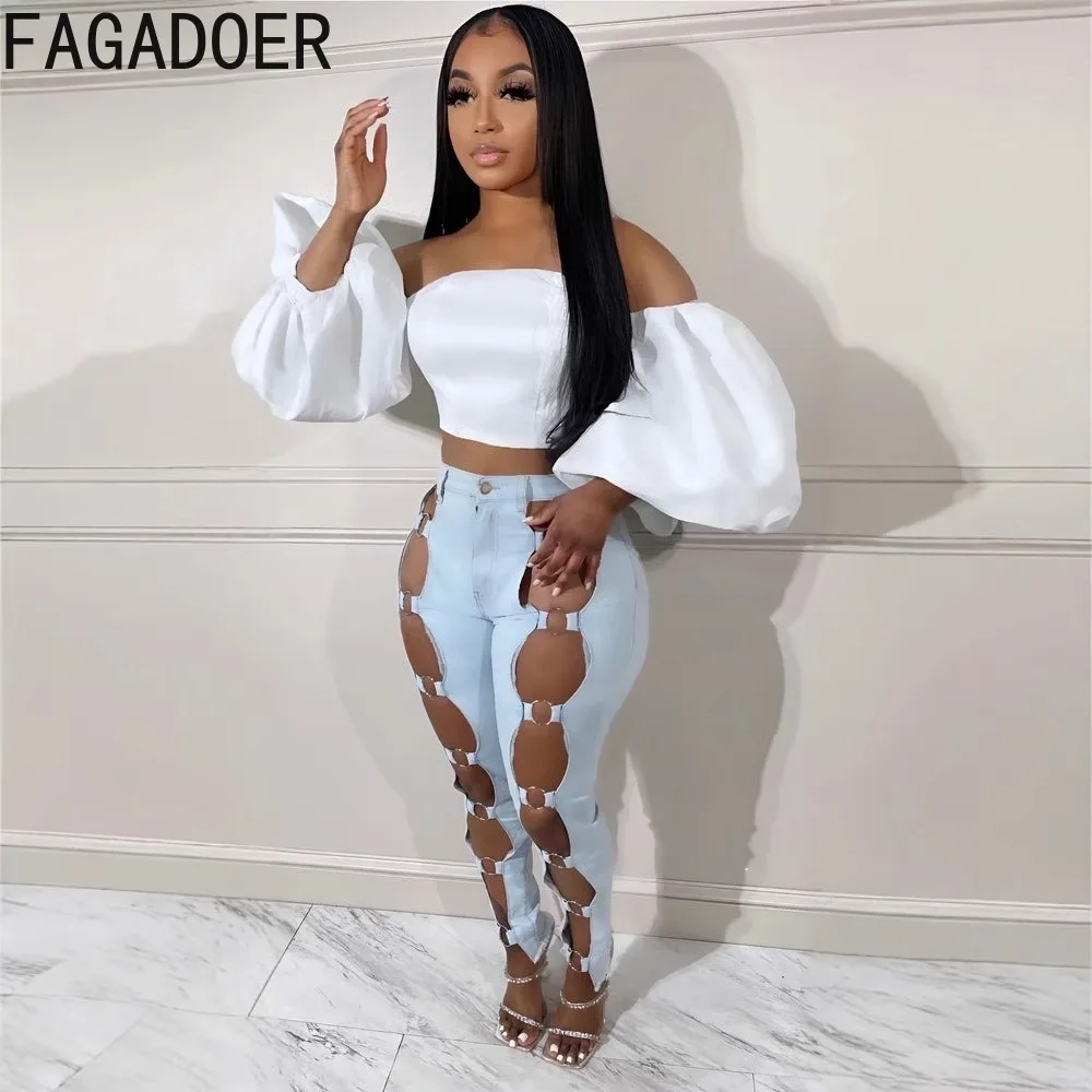 FAGADOER Sexy Denim Pants Women Light Blue Buttons Hollow Out Patchwork Bodycon Jeans Female Streetwear Bottoms Spring 2025 New