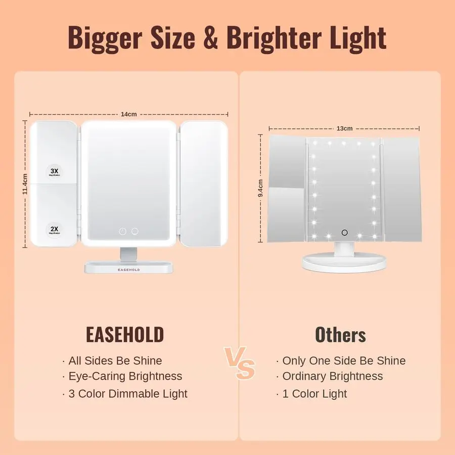 กระจกแต่งหน้าแบบมีไฟพร้อมกำลังขยาย, กระจกแต่งหน้าแบบมีไฟ, กระจกขยาย 2X 3X 10X, กระจก LED แบบชาร์จไฟได้ 3 สี