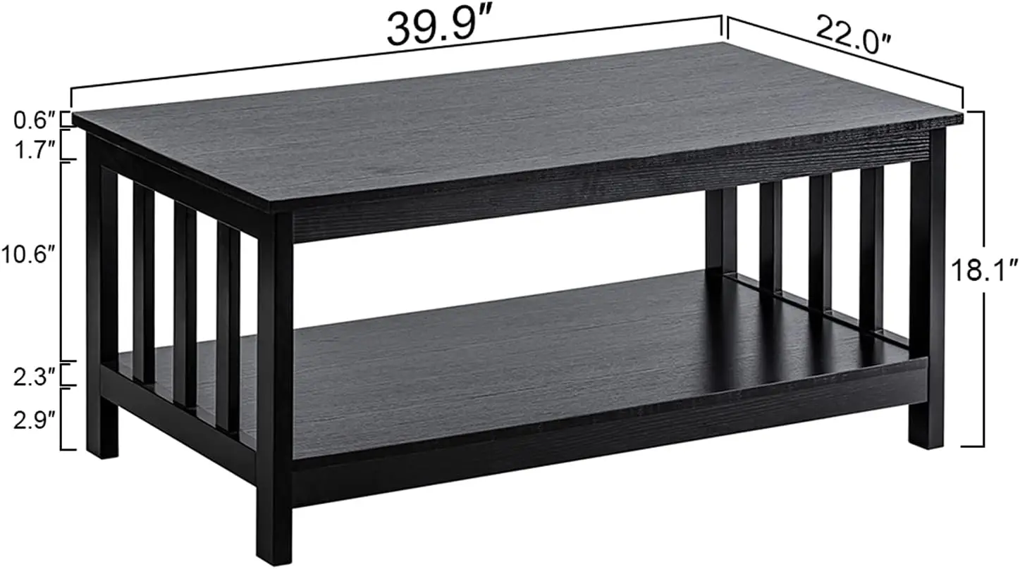 Mission Coffee Table, Black Wood Living Room Table with Shelf