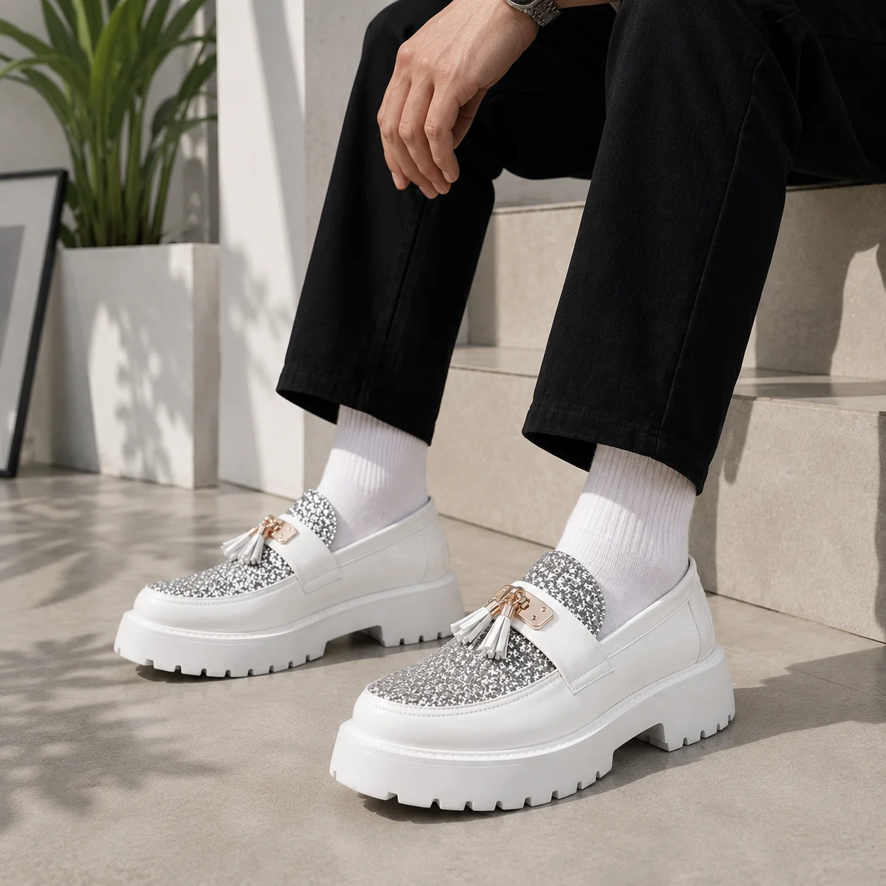 Premium Men's Shiny Platform Tassel Loafers Slip‑On Patent Leather Glitter Thick Sole Casual Dress Shoes White Large Size 39‑46