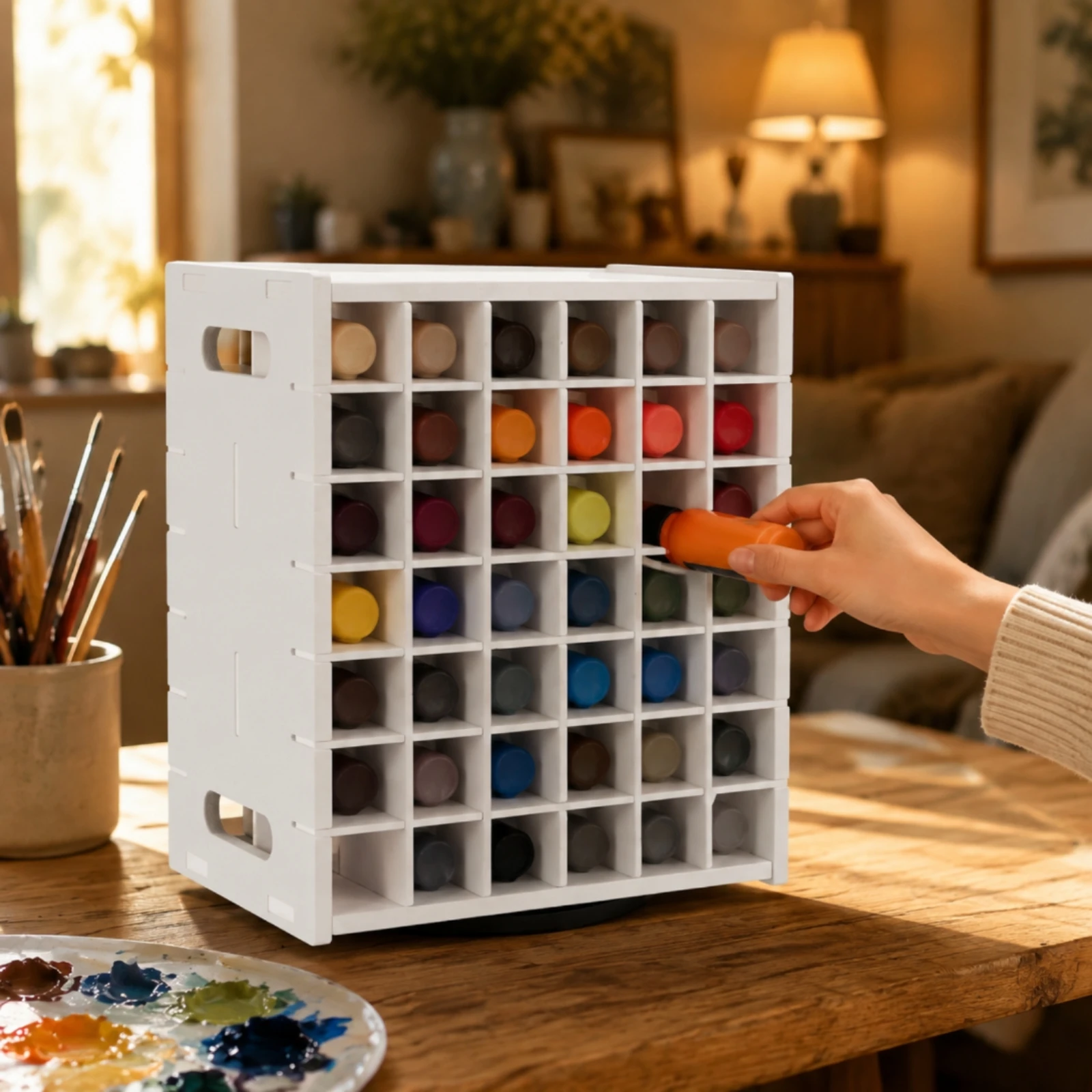 Desktop Organizer Compact Rotating Paint Bottle Rack Multi-Compartment Stationery Organizer for Painters, Desk Organization