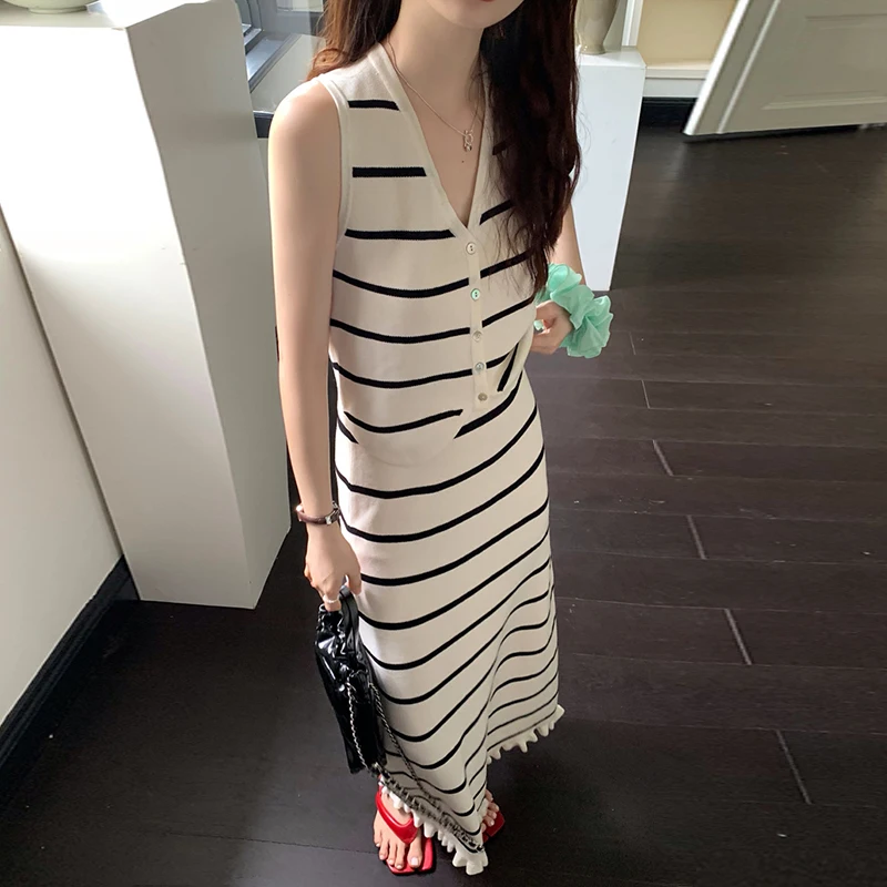 Women Sets Striped French Style Temper V-neck Vest Hip-covering Ruffles Skirt Two-piece Outfits Daily Trendy Ins Popular Summer