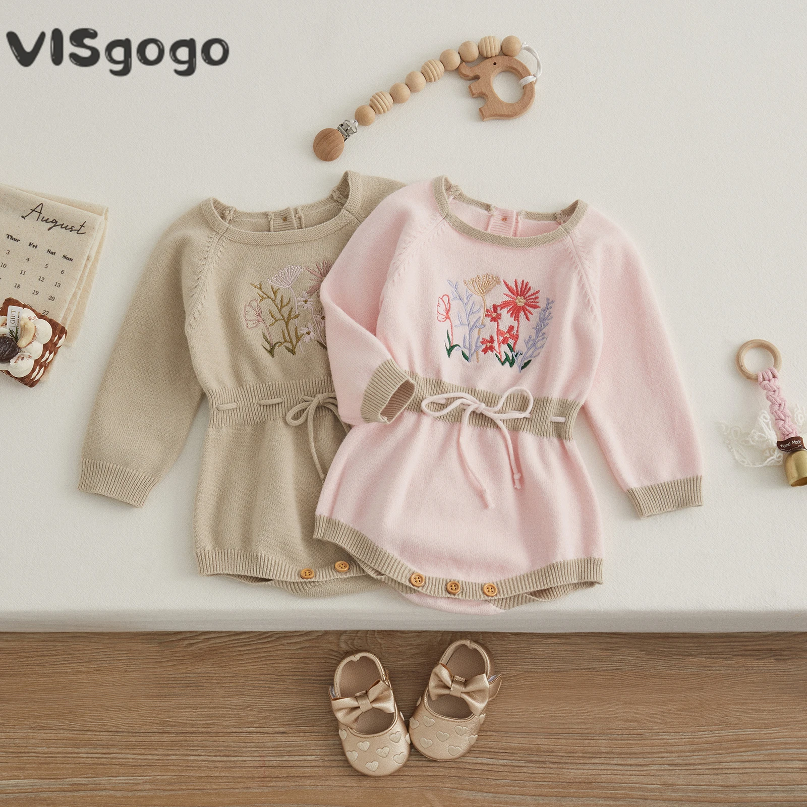 VISgogo Baby Girls Knit Romper Long Sleeve Crew Neck Embroidery Flower Drawstring Bodysuit Baby Fall Winter Clothes for Daily