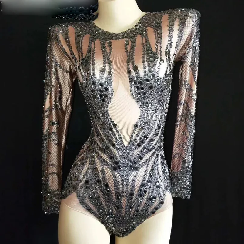 

Luxury show Black Crystals Nude Bodysuit Performance Outfit Party Celebrate Glisten Rhinestones Stretch Leotard Stage Bodysuit