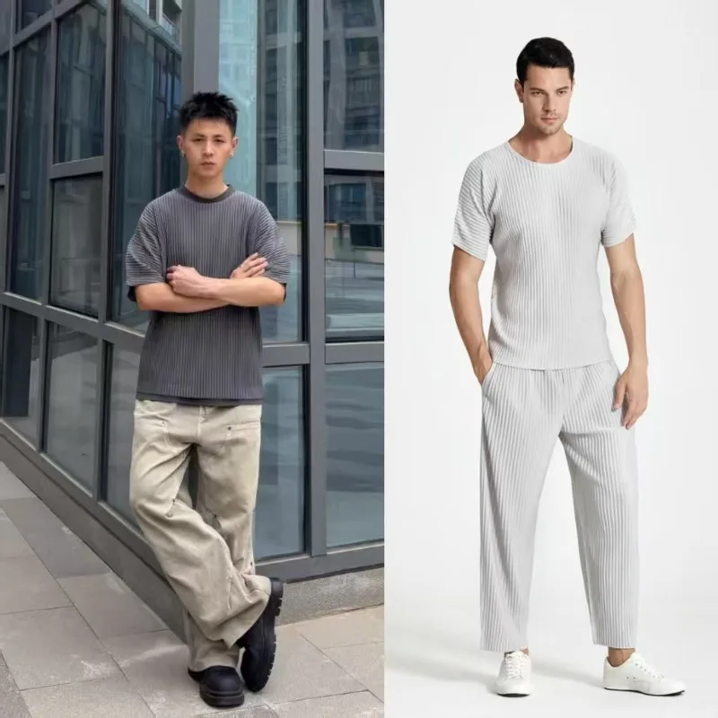 

Miyake плиссированный мужской костюм, однотонная футболка с короткими рукавами + узкие прямые брюки, осень 2021, новинка, деловая повседневная индивидуальность