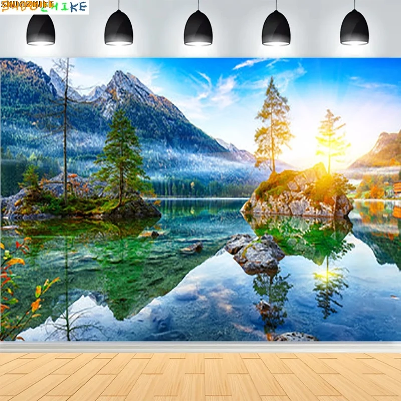 

Fantastic Autumn Natural Sunrise Photography Backdrop Mountain Lake Alpine Scenery Peaceful Party Decor Photo Background AR-01