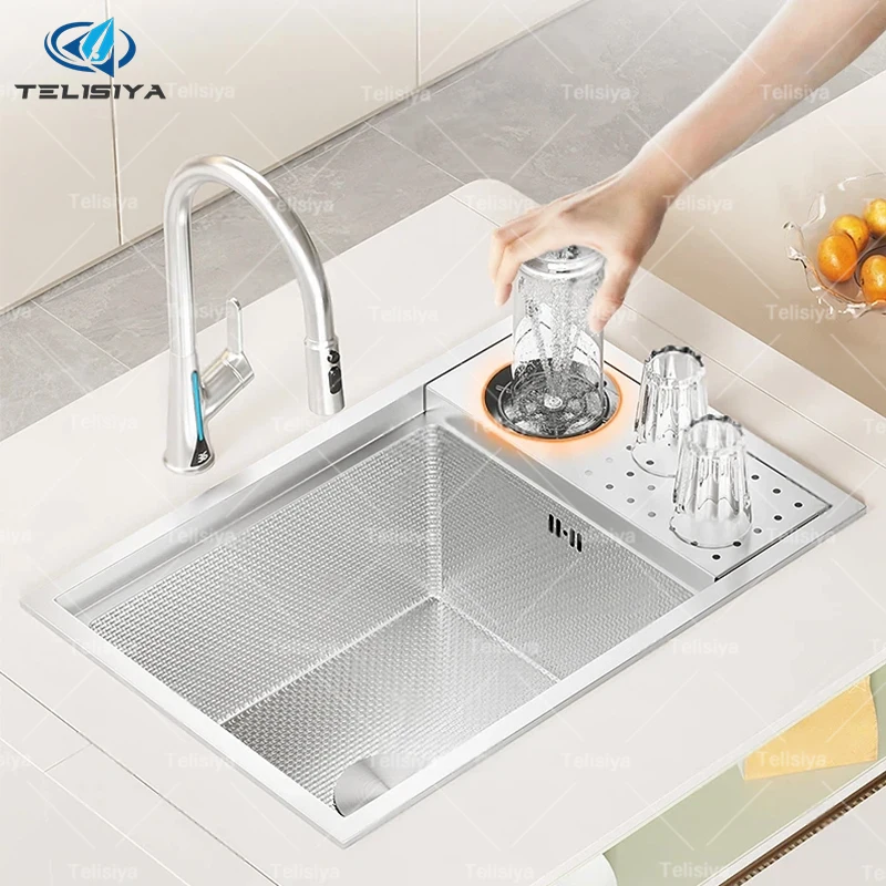 

Silver 304 Stainless Steel Hidden Kitchen Sink Wash Dish Basin Household Bar Mini Small Single Slot With lid and Cup Washer