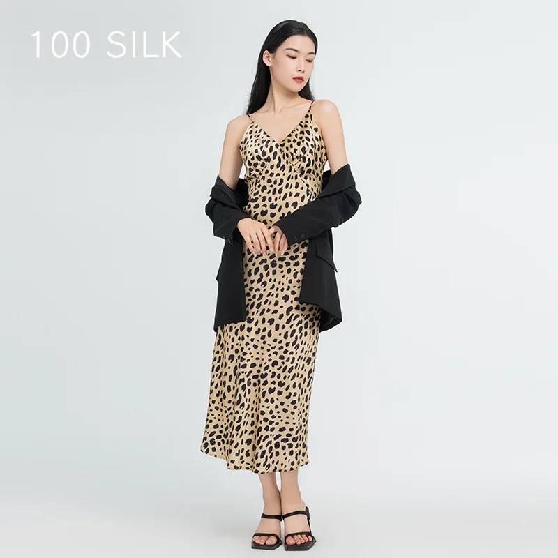 Birdtree 19MM 100%Mulberry Silk Leopard Long Style Dress Outwear Home Furnishing French Vintage Strap Women Long Dress D3N137QC