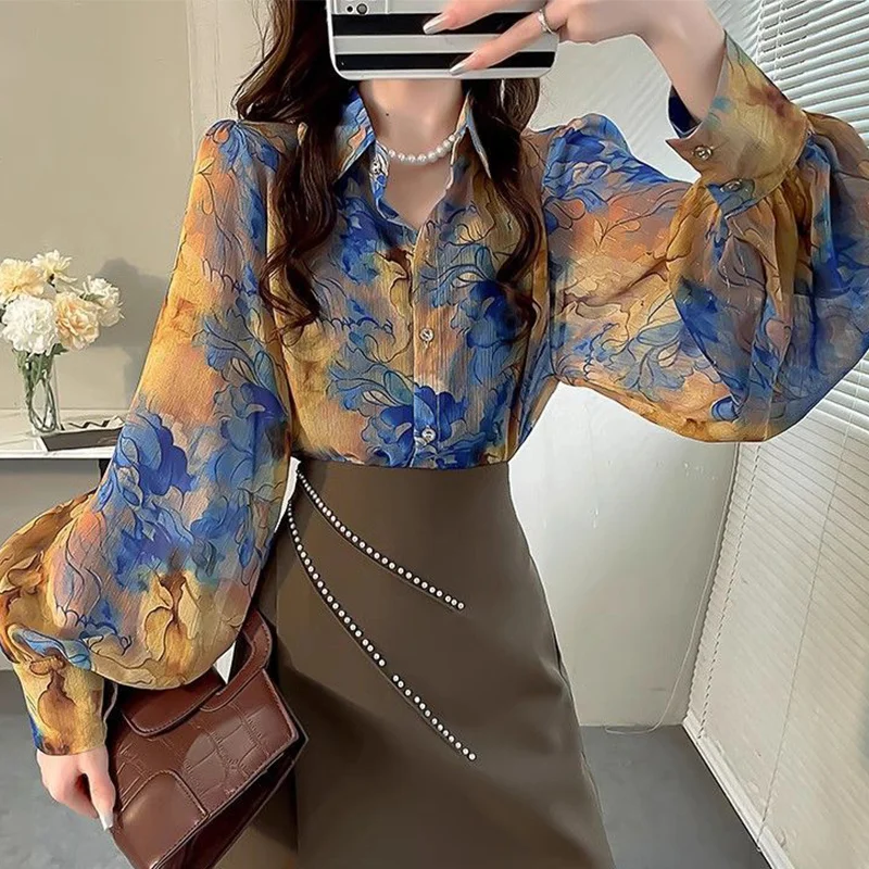 Spring Autumn Polo-neck Elegant Fashion Cardigan Blouse Femme Long Sleeve Casual Floral Printing Shirt Ladies Buttons Top Women