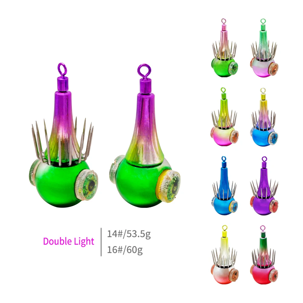 خطافات صيد الحبار الجديدة مع أضواء LED مزدوجة السحر خطافات الصيد الخفيفة 14 # /16 # هوك مقاوم للماء الحبار تهزهز الصيد الخشب الروبيان #6