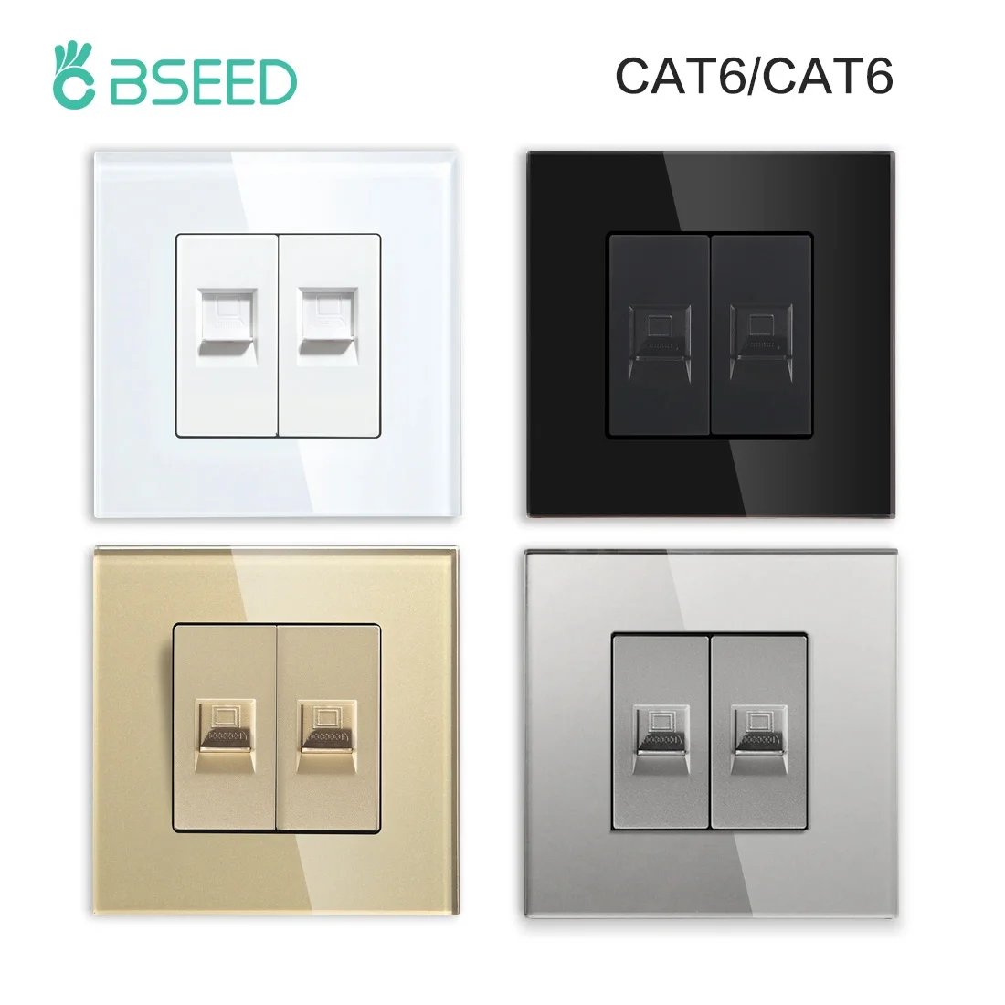 BSEED Dual Internet Sockets CAT6 PC Home Wall Sockets Outlets Network Ports With EU Standard Glass Panel 86*86mm