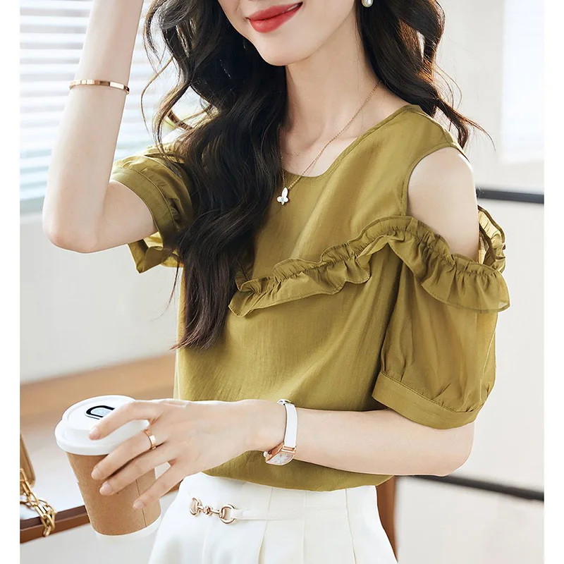 Stylish Solid Color Loose Ruffles Off Shoulder Blouse Female Clothing 2023 Summer New Casual Pullovers Office Lady Chiffon Shirt