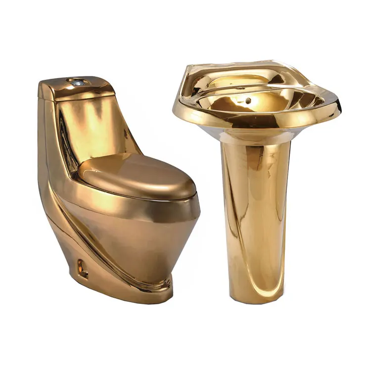 2025 New Design Sanitary Ware Bathroom WC Golden Color Ceramic Toilet Basin Luxurious New Style Dual-Flush One Piece S-Trap