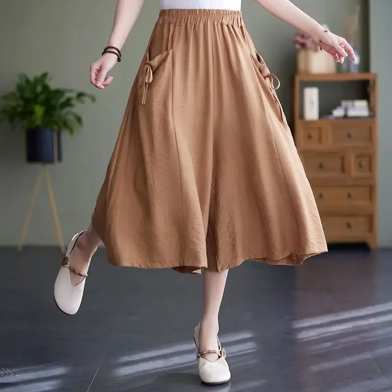 

Women's Lace Up Oversized Vintage Cotton Linen Wide Leg Cropped Pants Skirts Fashion Casual Solid High Waist Baggy Capris L39