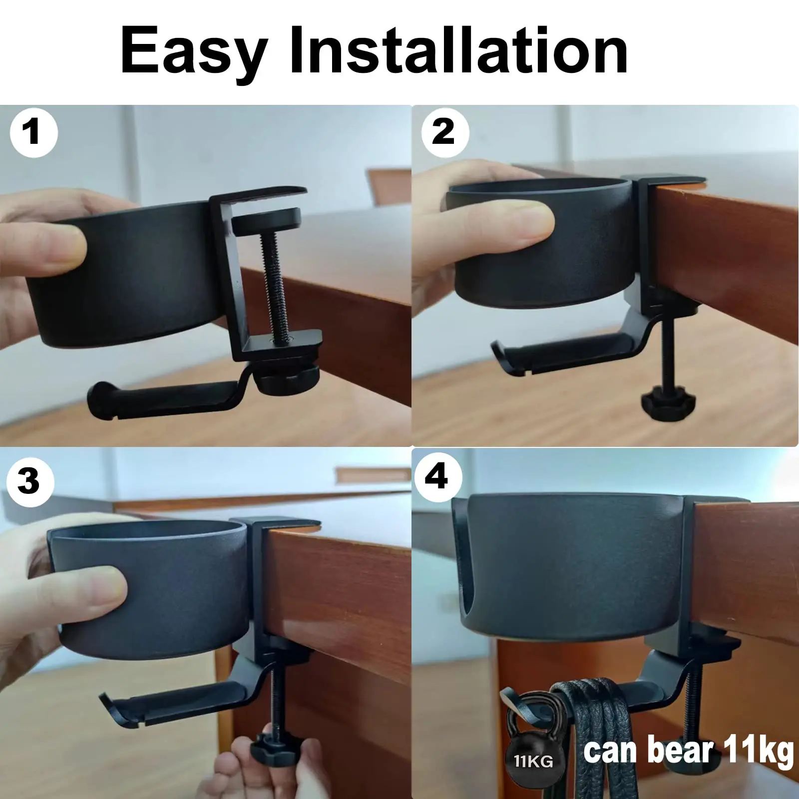 2-in-1 Desk Cup Holder Anti-Spill Cup Holder Clamp with Rotatable Headphone Hanger, Office Coffee Water Organizer Table Cup Clip