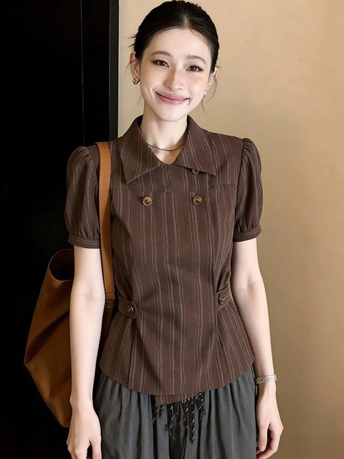 Elegant Striped Bubble Sleeve Shirt Women's Short Sleeve New Summer Fashion Unique Top French Style Straight Cut Shirt