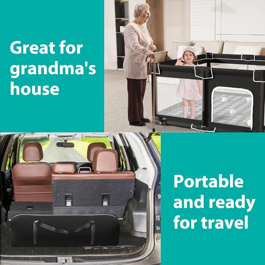 روضة أطفال قابلة للطي للأطفال الصغار مقاس 71 × 59 بوصة قلم لعب محمول قابل للطي مع مقودين داخليًا وخارجيًا #3