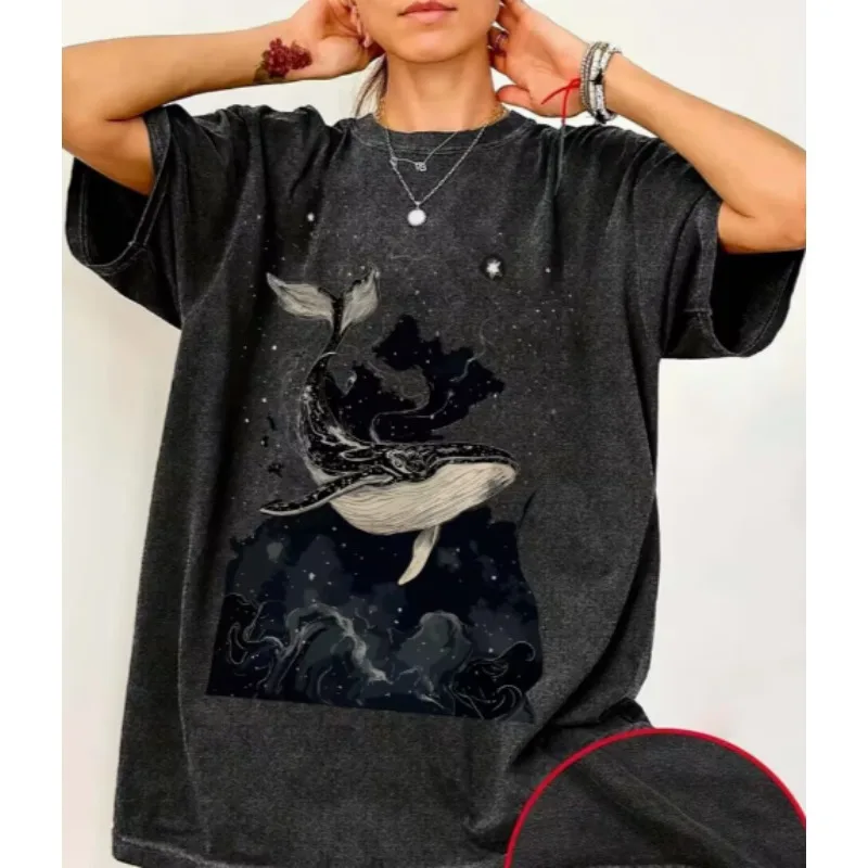 Dreamy Starry Sky Whale Theme Pattern Round Neck Short Sleeve Retro Loose Shoulder Washed Outdated Style Women's T-shirt