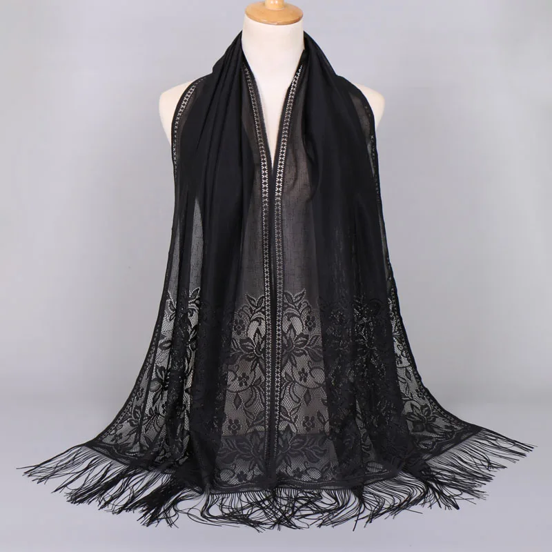 Muslimische Frauen Spitze Schal Schal Elegante Abendkleider Schals Hohl Quaste Schals Wraps Schal Femmal Mesh Garn Hochzeit Schal – Detail 13