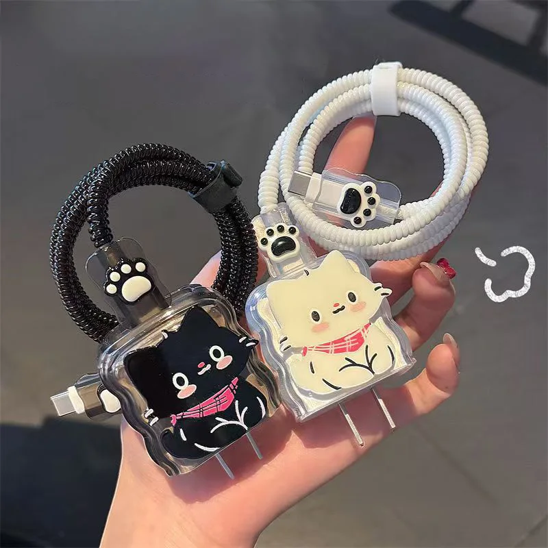 Cute Cat Silicone Charger Cable Protector Case Cover For iPhone 17 20W 18W Charging Head Protection Sleeve Data Cable Organiser